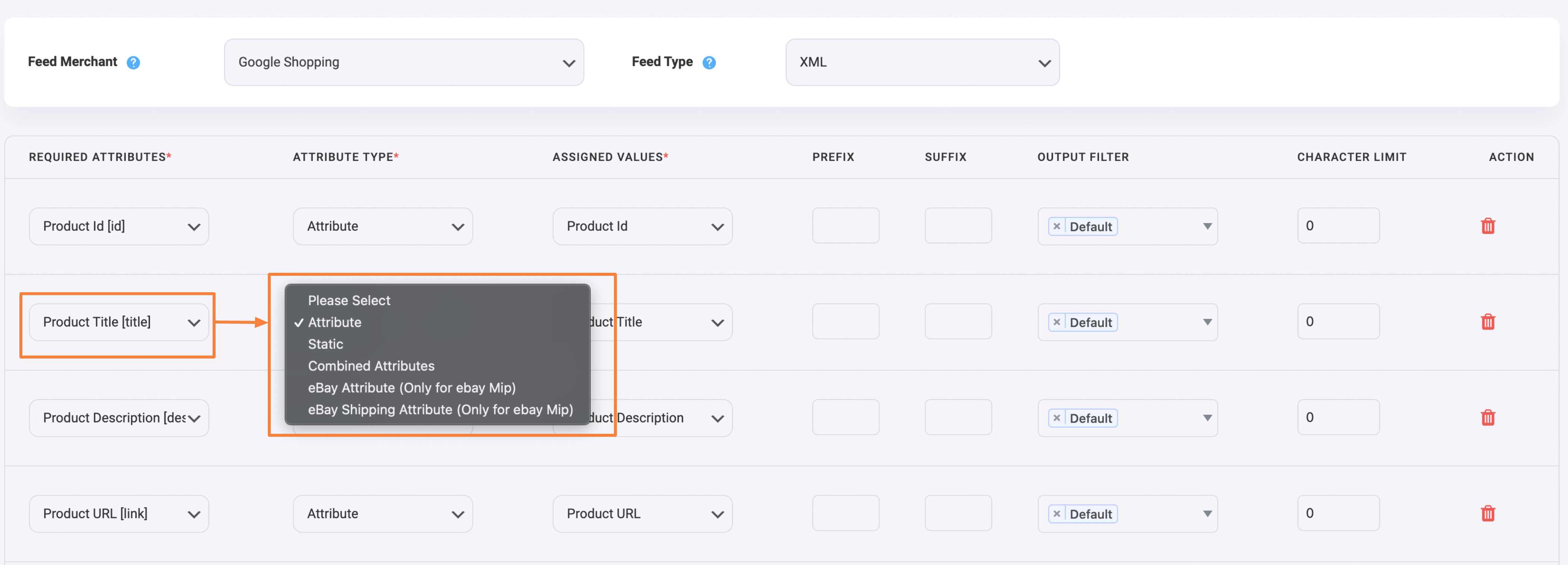 产品 Feed Manager 属性类型下拉列表(产品标题)