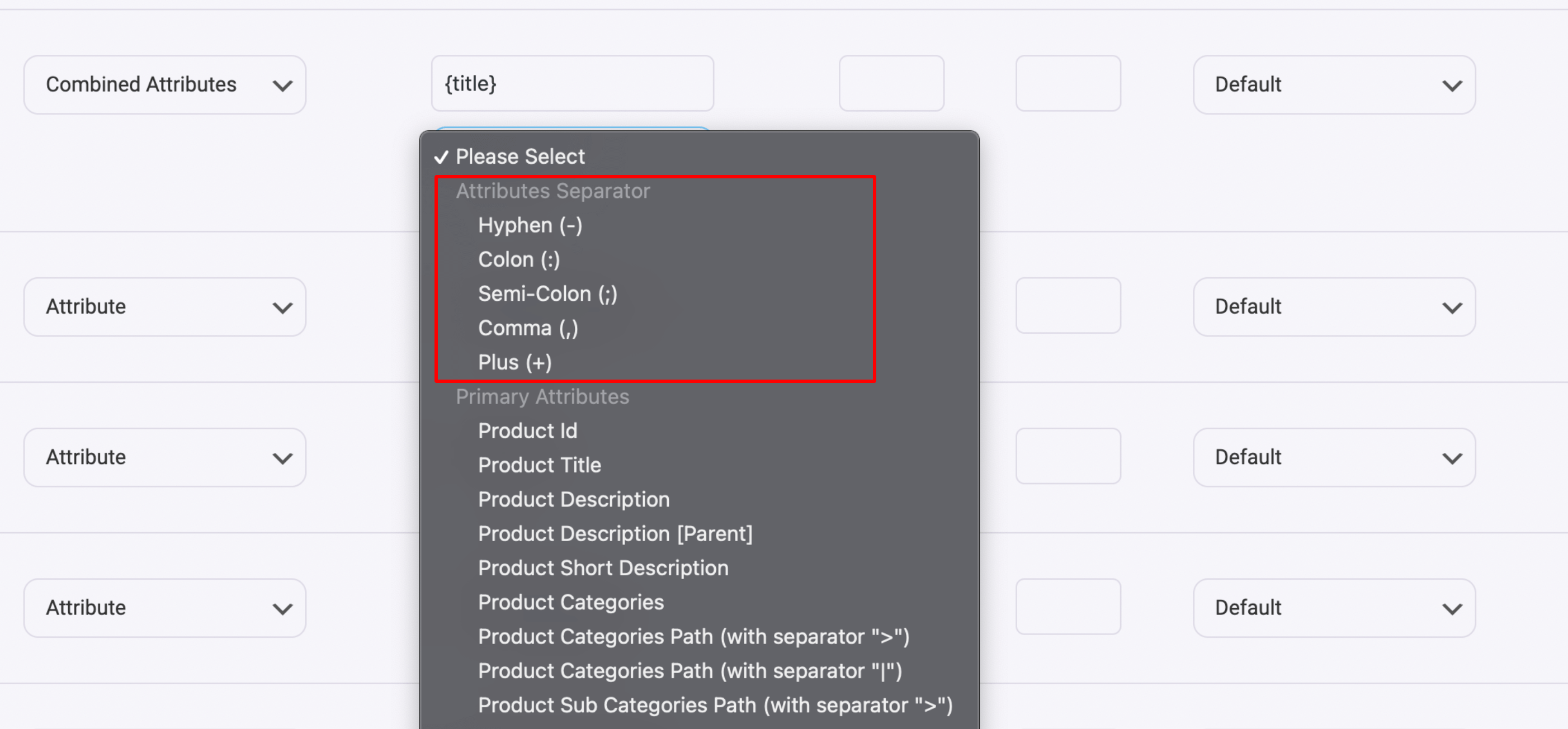 Product Feed Manager 组合属性分隔符值(产品标题)