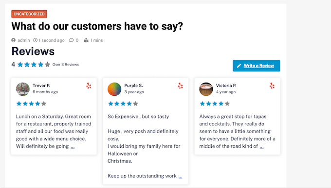 Ulasan pelanggan, ditampilkan di situs web WordPress Customer reviews, displayed on a WordPress website