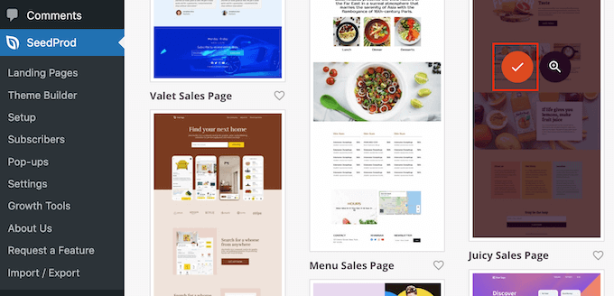 Memilih templat di SeedProd Choosing a template in SeedProd