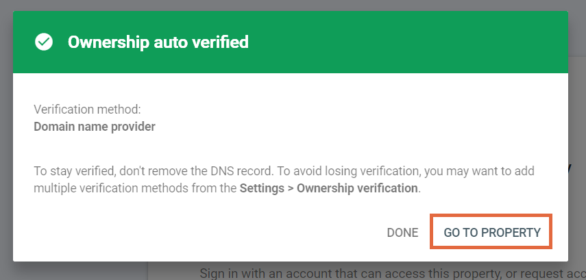Munculan dan tombol terverifikasi untuk membuka properti di Google Search Console .