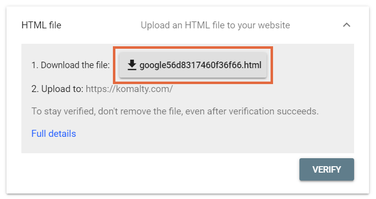 Popup verifikasi upload file HTML dari Google Search Console