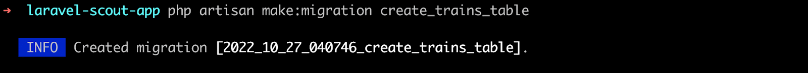 Membuat migrasi bernama create_trains_table