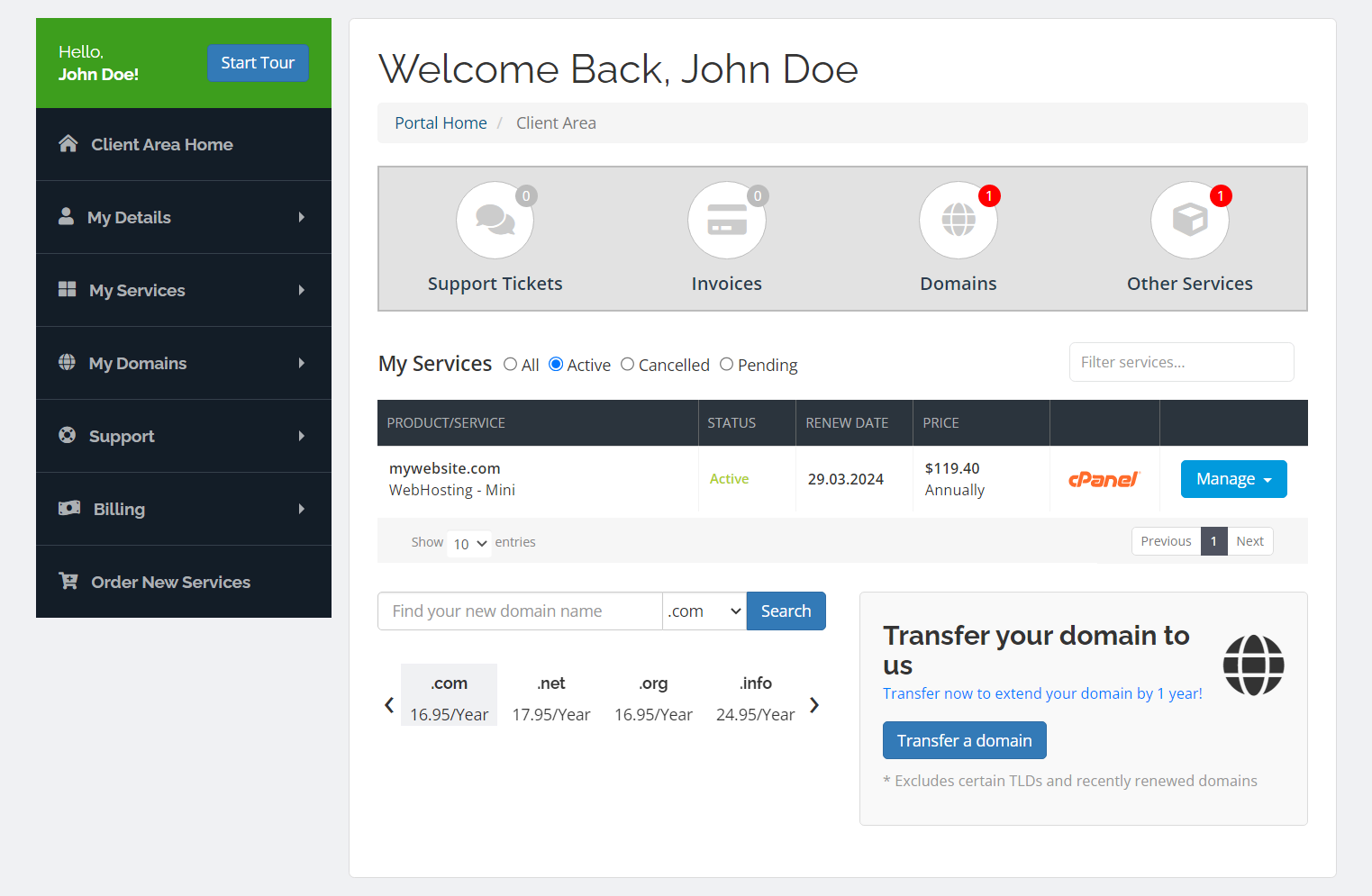 A interface do usuário do Scala Hosting.