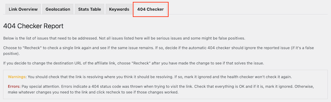 Verificador 404 da ThirstyAffiliates ThirstyAffiliates' 404 checker