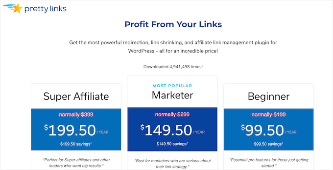 A página de preços do Pretty Links The Pretty Links pricing page
