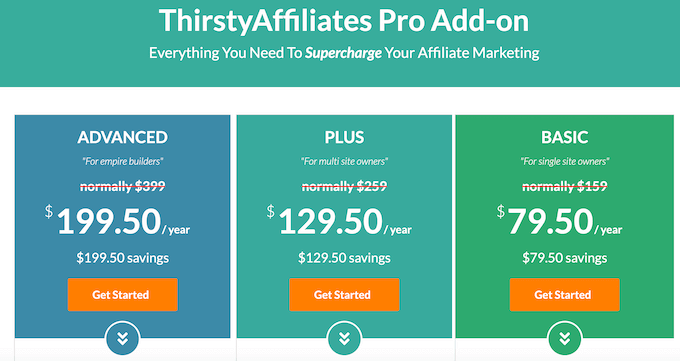 A página de preços de afiliados da ThirstyAffiliates The ThirstyAffiliates affiliate pricing page