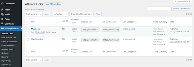 Adicionando URLs de afiliados ao painel ThirstyAffiliates Adding affiliate URLs to the ThirstyAffiliates dashboard