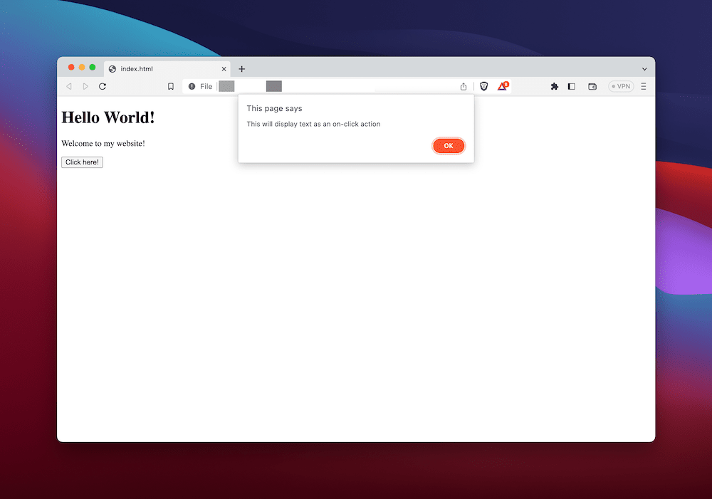 Un front-end de browser care afișează o pagină HTML, un buton și o alertă JavaScript pe ecran.