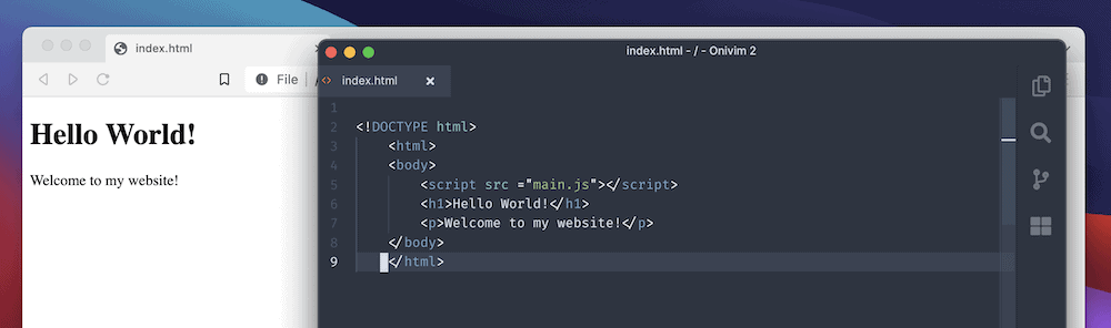 O pagină de browser și un editor de text care arată cum apelarea unui script nu face nimic pe pagină.