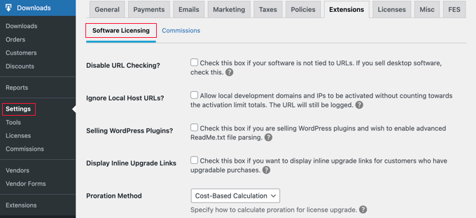 Configuración de la extensión de licencias de software Easy Digital Downloads Configuring the Easy Digital Downloads Software Licensing Extension