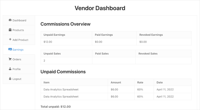 Vista previa del panel de proveedores Vendor Dashboard Preview