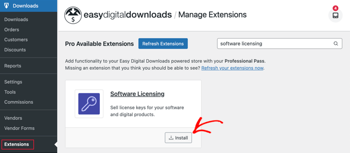 Instalación de la extensión de licencias de software Easy Digital Downloads Installing the Easy Digital Downloads Software Licensing Extension