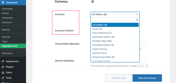 Fácil configuración de descargas digitales Seleccionar moneda Easy Digital Downloads Setup Select Currency