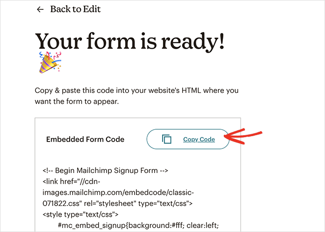 copyformedcode SeedProd Copy mailchimp embed code
