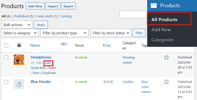 Editați pagina de produse Edit the products page