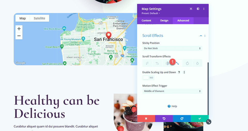 Divi 스크롤 효과가 있는 스크롤에서 지도 확대 스크롤 효과