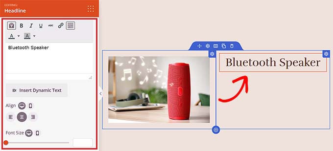 Aggiungi il blocco di intestazione e digita il titolo del prodotto Add the heading block and type product title