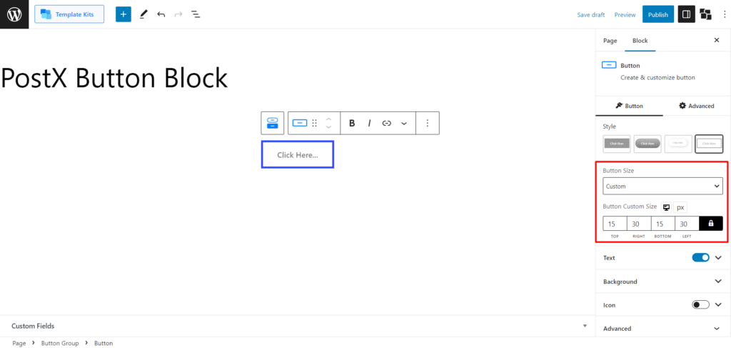 WordPress에 버튼을 추가하는 방법: PostX 8로 WordPress 버튼 향상 Custom Button Size