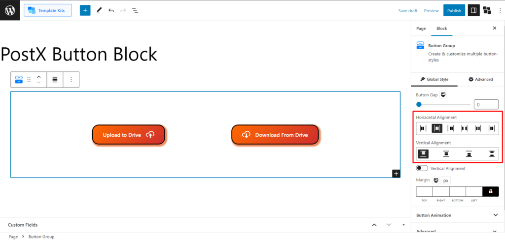 WordPress에 버튼을 추가하는 방법: PostX 22로 WordPress 버튼 향상 Horizontal and Vertical Adjustment