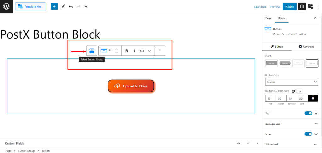 WordPress에 버튼을 추가하는 방법: PostX 20으로 WordPress 버튼 향상 Button Group Selection