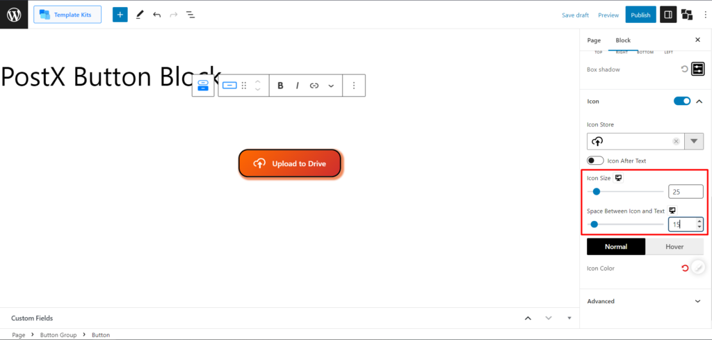 WordPress에 버튼을 추가하는 방법: PostX 18로 WordPress 버튼 향상 Icon Size and Space Control