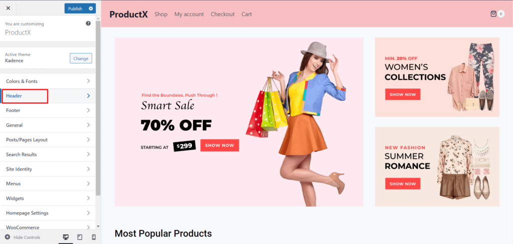 WooCommerce 제품 검색을 추가하는 방법: 쇼핑 경험을 향상시키기 위한 가이드 18 Theme Header Customization