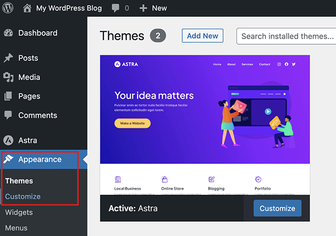 SeedProd penyesuai WordPress Open the WordPress theme customizer