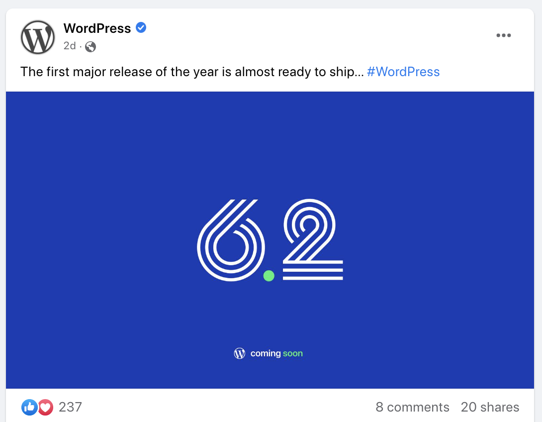 teaser pour WordPress V6.2 sur les réseaux sociaux