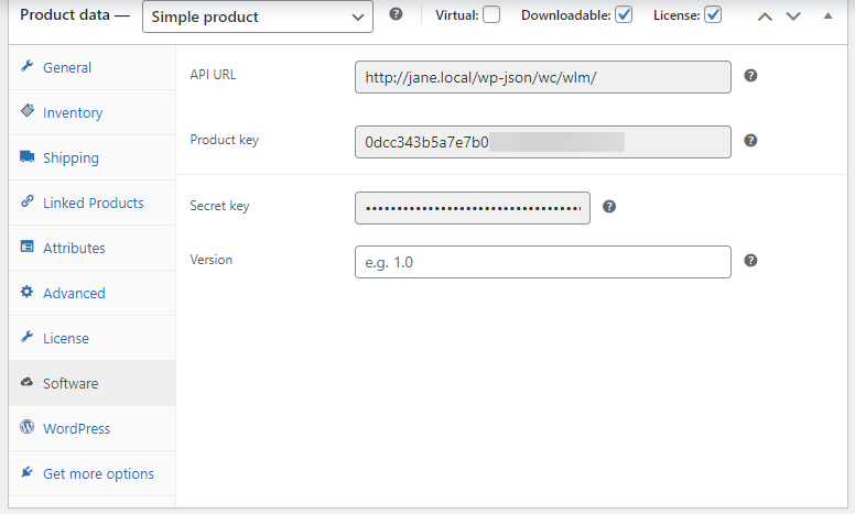 параметры программного обеспечения - Создание лицензий в WooCommerce