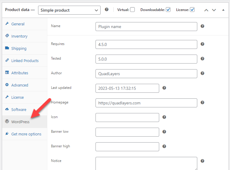 pestaña de configuración de wordpress