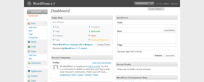 20 周年記念: WordPress でウェブサイト作成がいかに簡単になったか 5 wp 27 dashboard 1