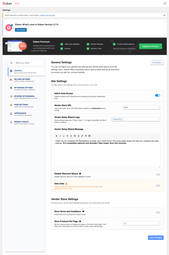 Cara Membuat Marketplace Toko Buku Online di WordPress 4 This is a screenshot of Dokan General Settings