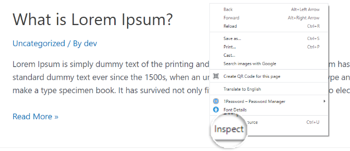 Sélection de l'option Inspecter dans Chrome Right click to open the inspect option