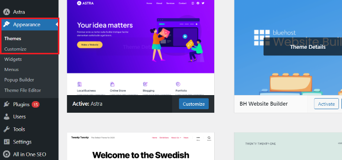 Tableau de bord WordPress montrant où trouver Apparence - Personnaliser Go to theme customizer from WordPress dashboard