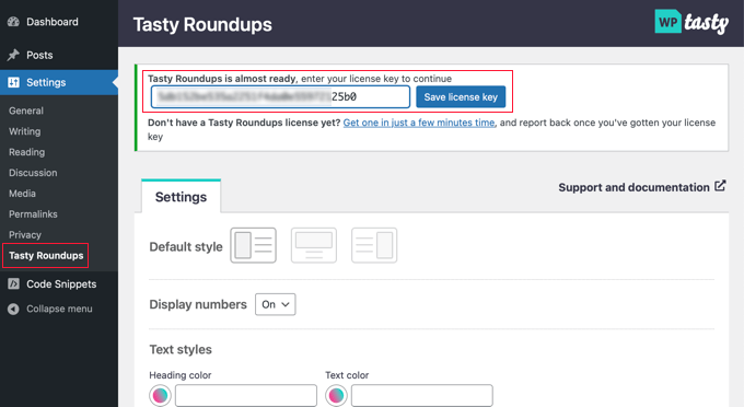 Rekatkan Kunci Lisensi WP Tasty Roundups Paste the WP Tasty Roundups License Key