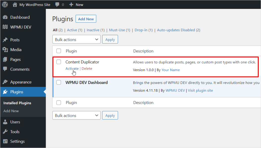 WordPress プラグイン画面 - Content Duplicator をアクティブにする