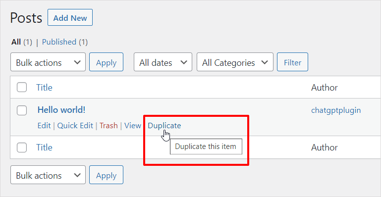 WordPress 投稿テーブル - 新しい重複アイテムを含む投稿エントリ。