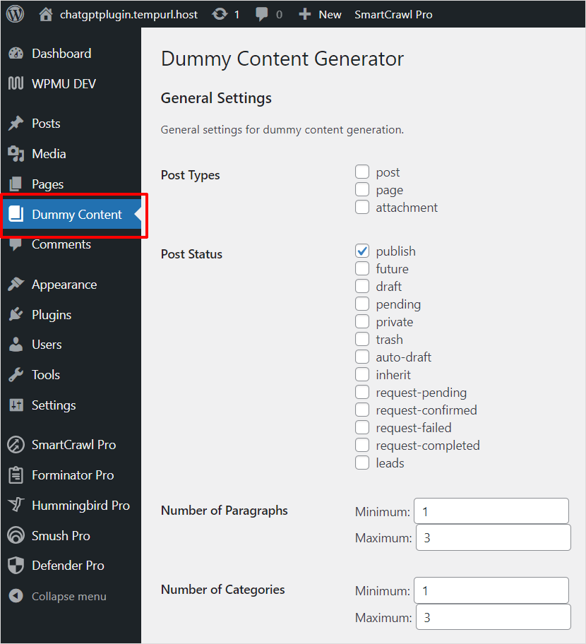 Dummy Content Generator WordPress プラグイン - ChatGPT によって作成されました