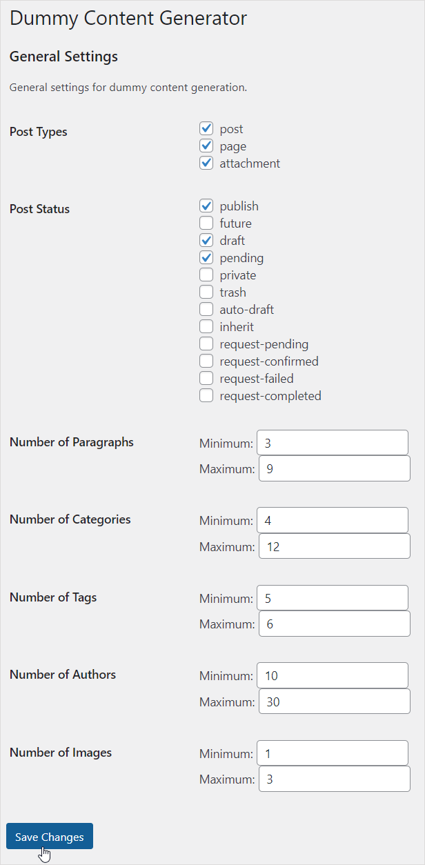 Dummy Content Generator WordPress プラグイン - ChatGPT によって作成されました