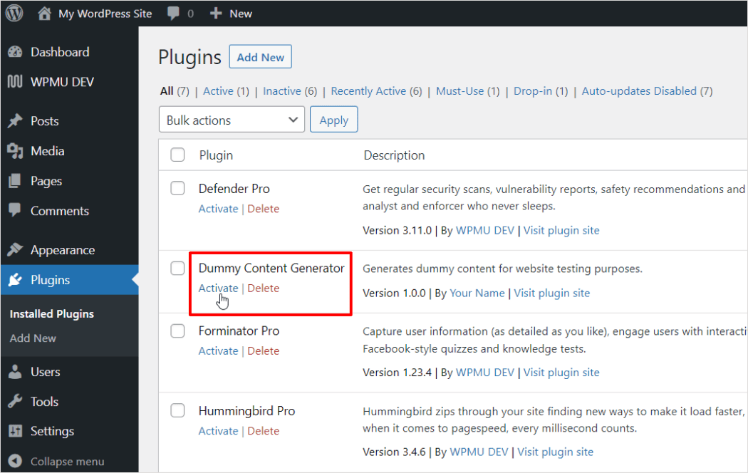 Schermata dei plug-in: collegamento al menu di attivazione del generatore di contenuti fittizi.