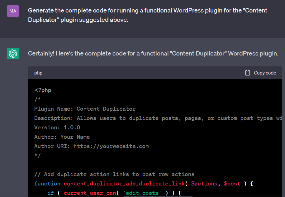 ChatGPT は、コンテンツを複製する WordPress プラグインのコードを生成するよう求めます。