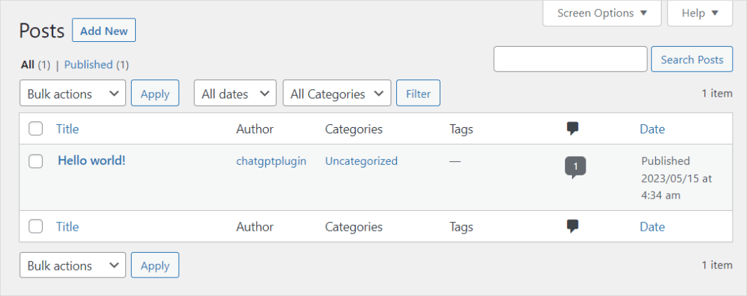 単一の「Hello world」投稿を示す WordPress 投稿テーブル。