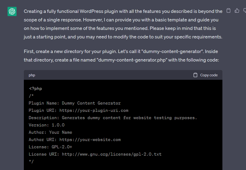 WordPress プラグイン開発プロンプトに対する ChatGPT 応答。