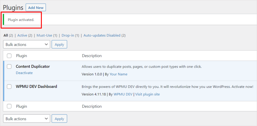 WordPress プラグイン画面 - プラグインが有効化されたメッセージ。