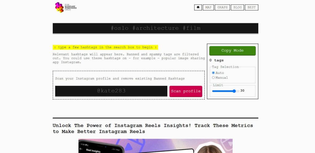 Objetivos de exibição: gerador de tags para Instagram Display Purposes: Tag generator for Instagram