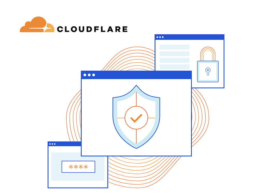 Das Cloudflare-Logo und die grafische Darstellung seiner WAF.