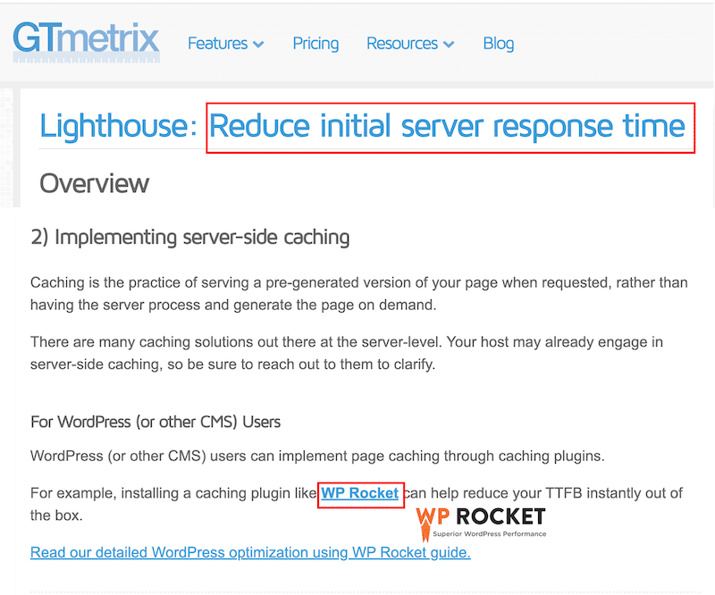 WP Rocket è raccomandato da GTmetrix per ridurre il tempo di risposta iniziale del server - Fonte: GTmetrix