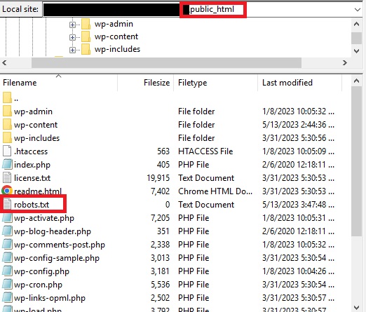 ftp filezilla editați robots.txt în wordpress