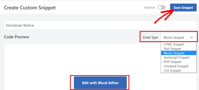 ブロックのスニペットを選択して保存します Select blocks snippets and save